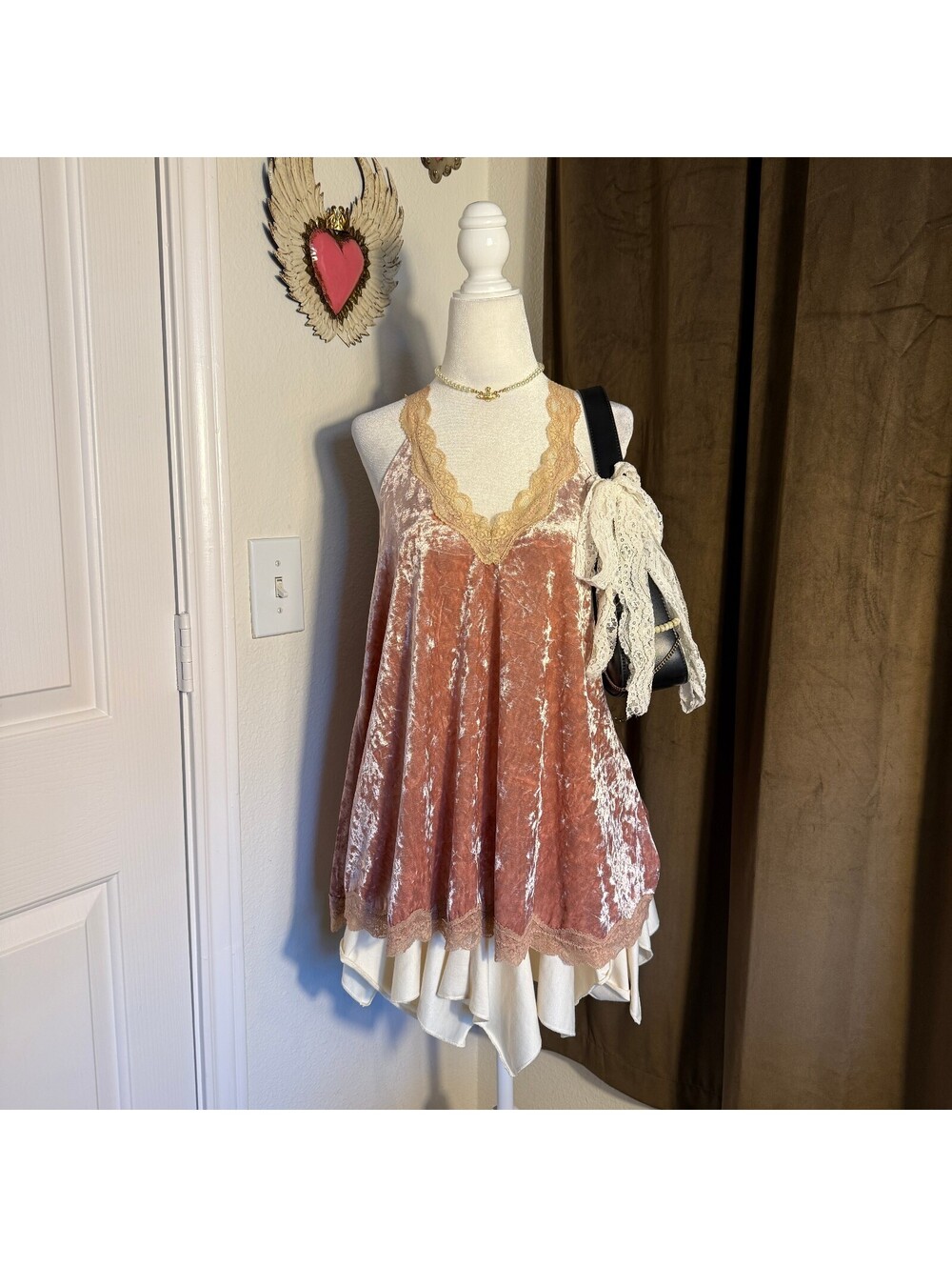 POL Boho Romantic Soft Girly Coquette Crushed Velvet Pink Lace Trim Tank Top S